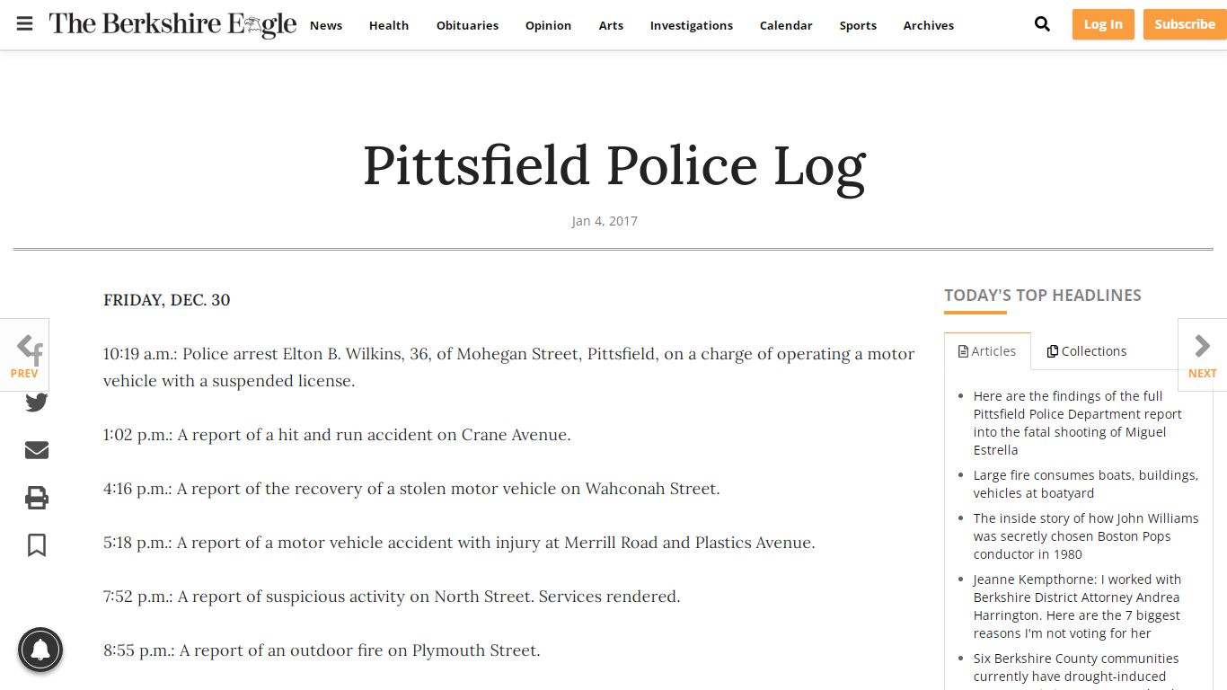 Pittsfield Police Log | Archives | berkshireeagle.com