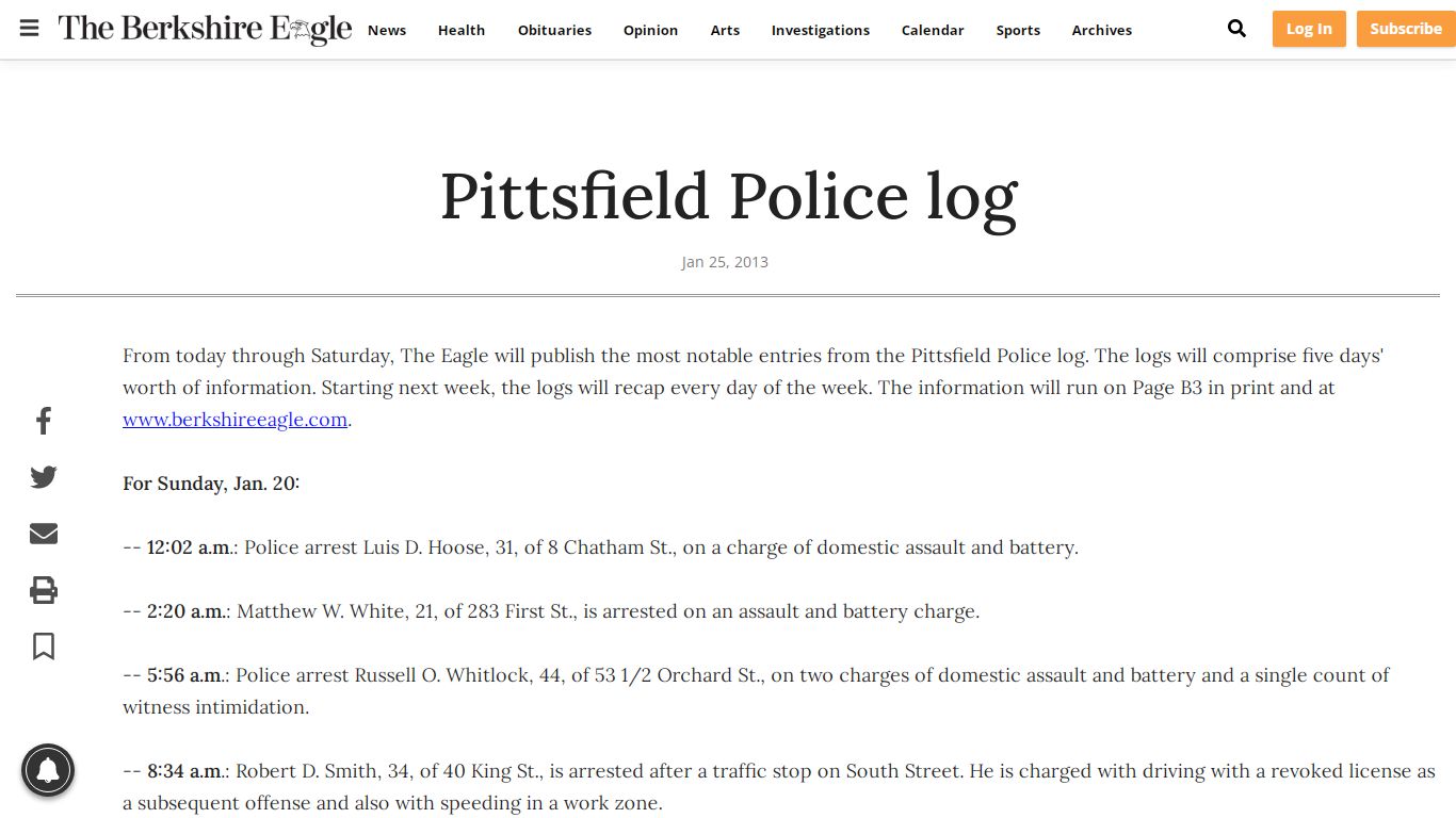 Pittsfield Police log | Local News | berkshireeagle.com