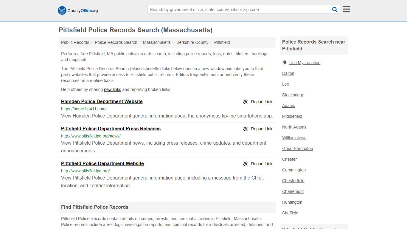 Pittsfield Police Records Search (Massachusetts) - County Office